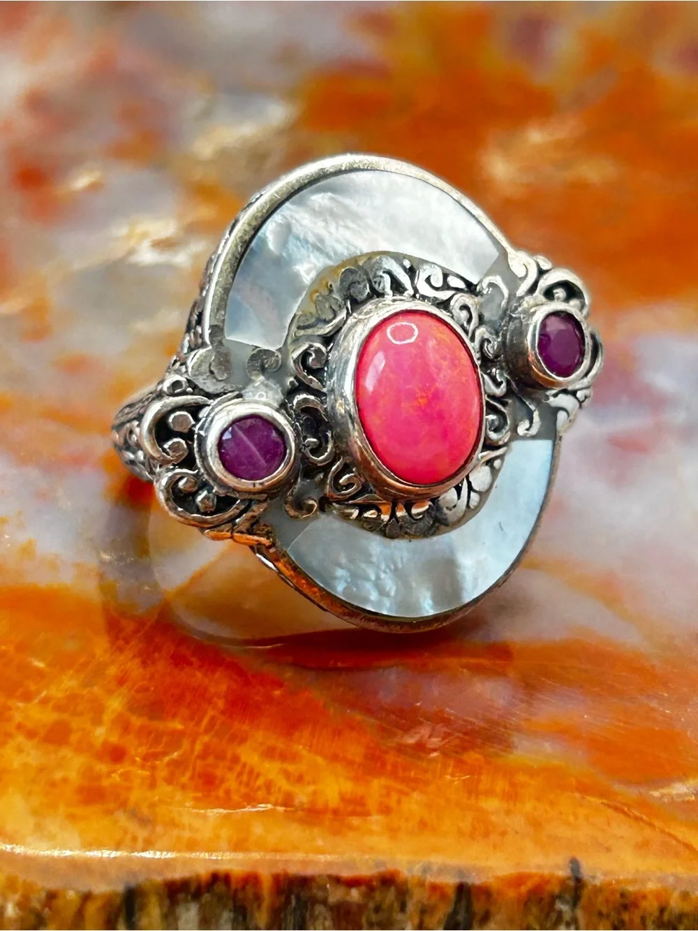 Sterling Silver Ring with Mother of Pearl Shell, synthetic pink opal and ruby